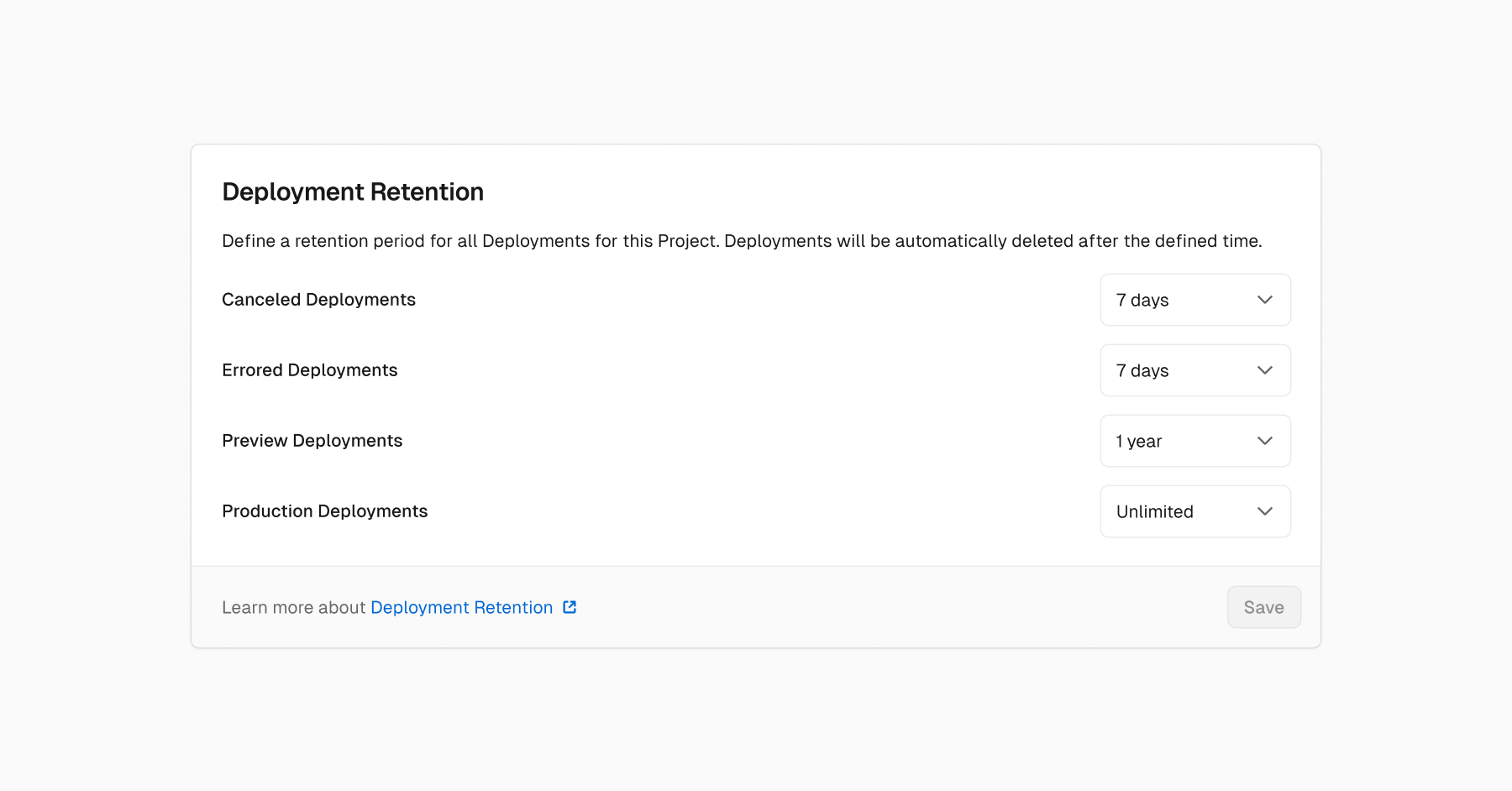 Configure retention periods for deployments