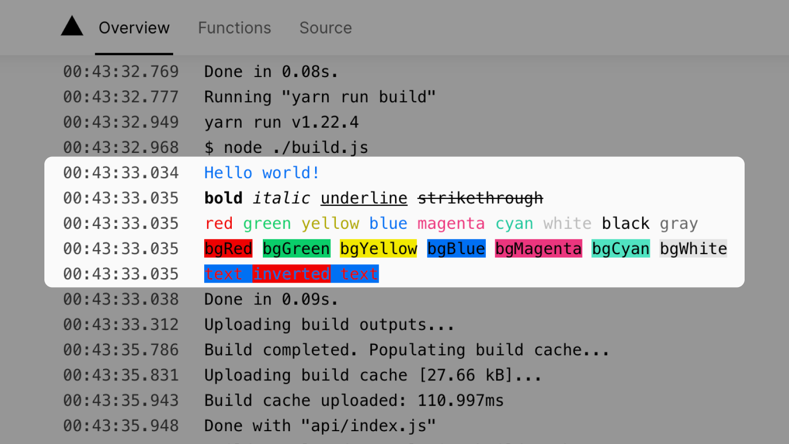 Build and Function Logs now render ANSI color codes nicely Vercel