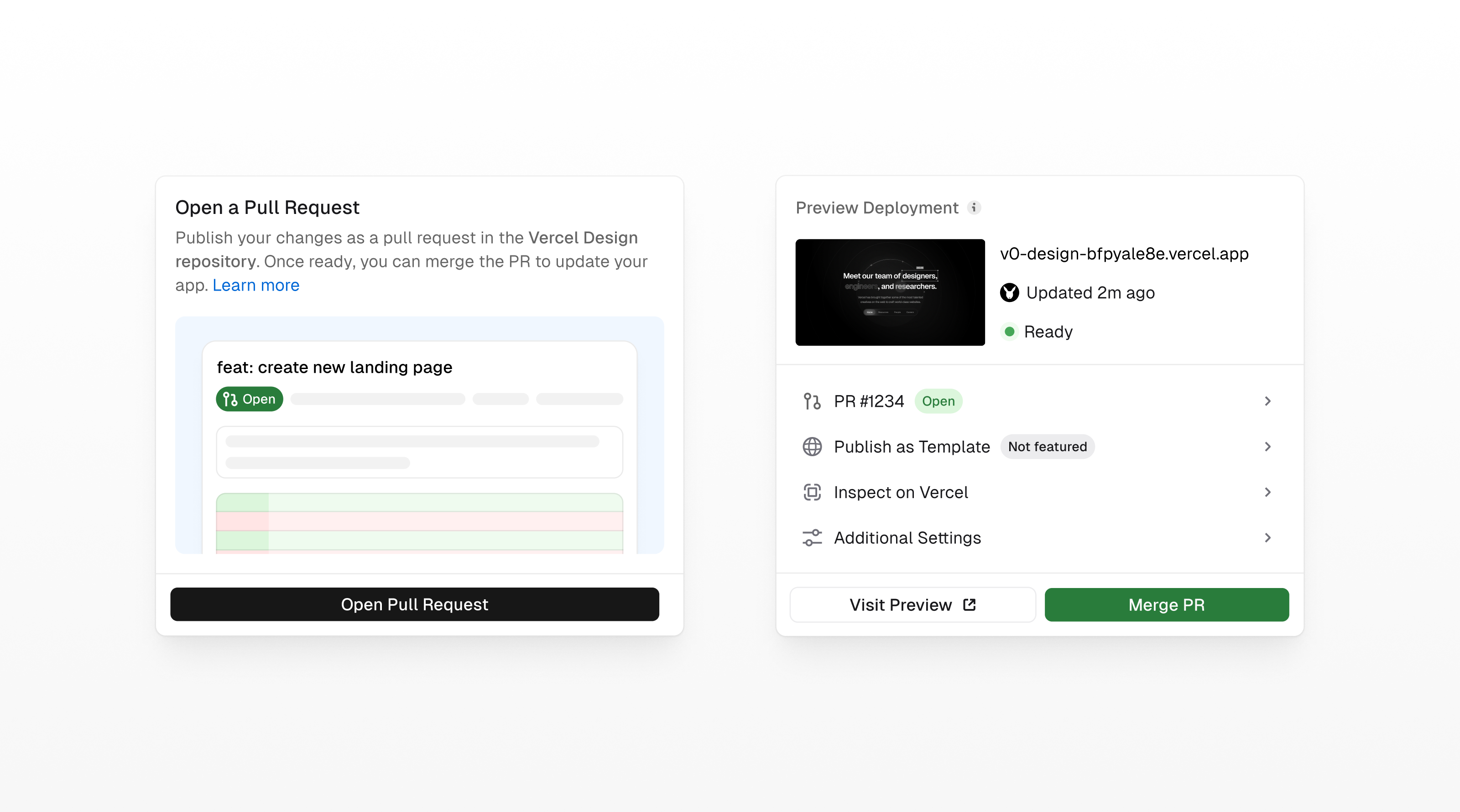 Real screenshot of v0's Publish and pull-request review flow, sourced from Vercel's official 'Introducing the new v0' blog post