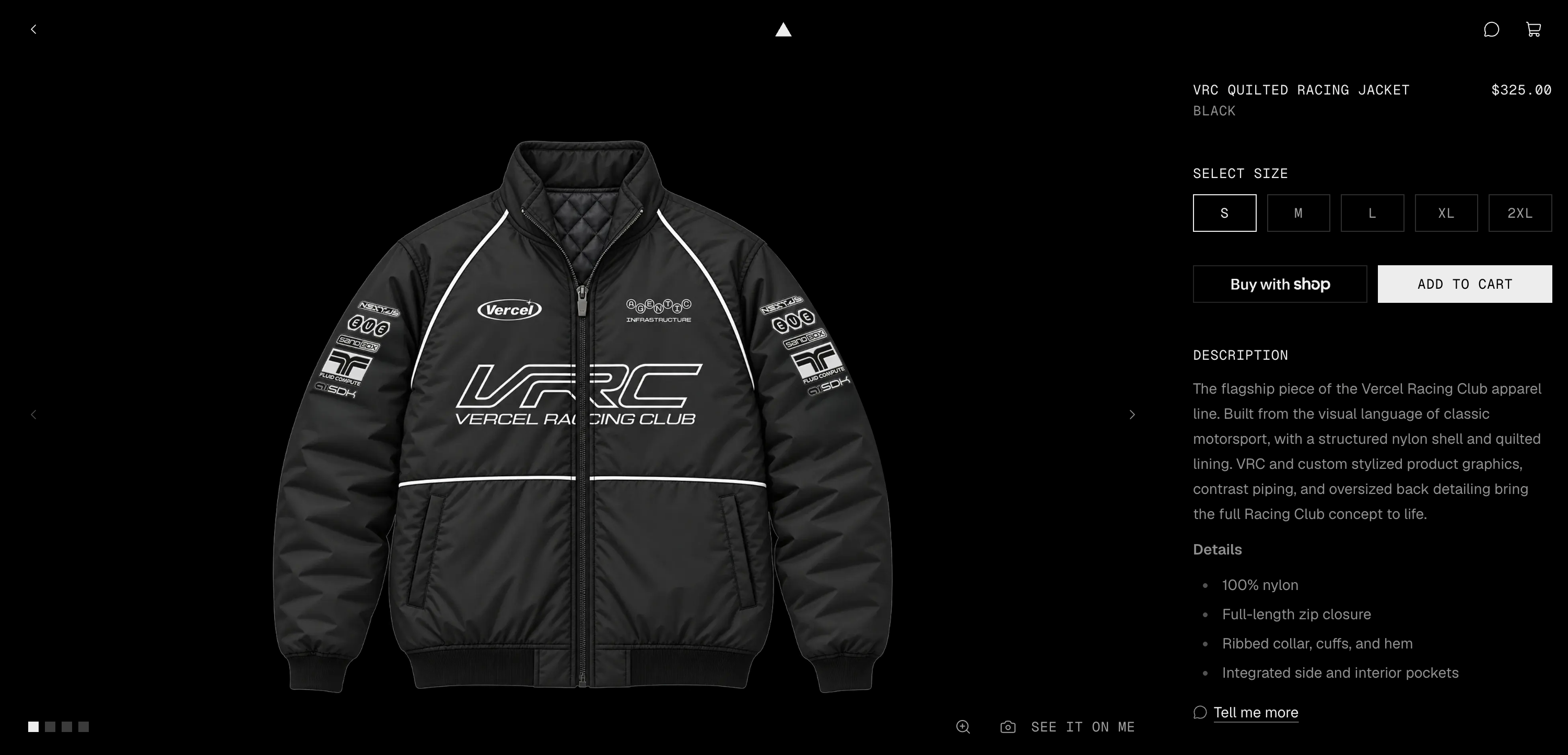 Vercel Store product page with a black racing jacket, size selector and purchase buttons