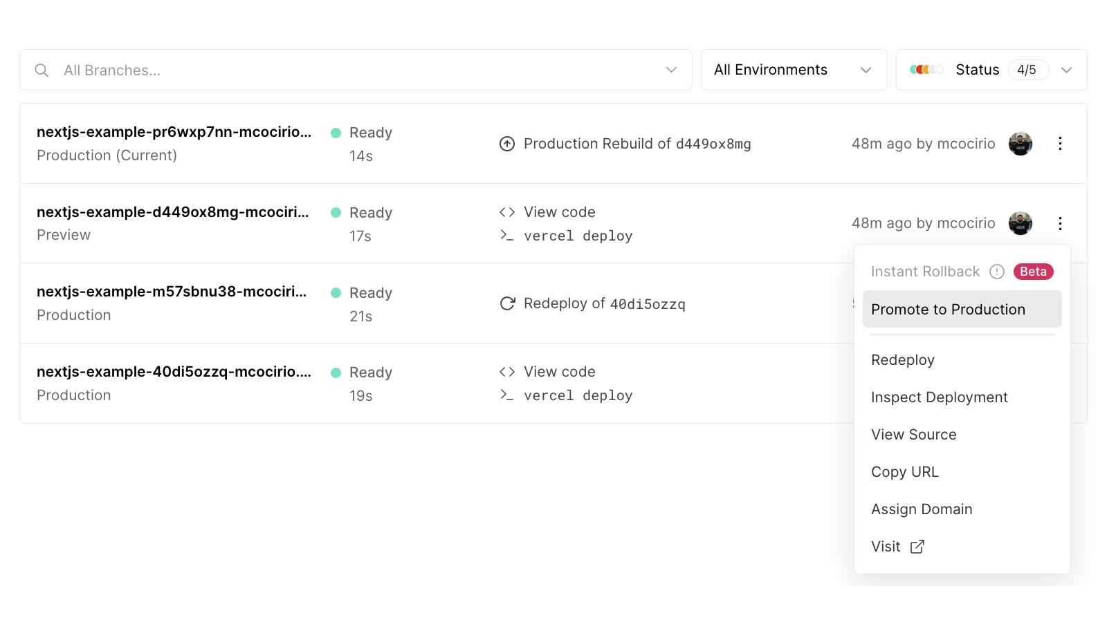 Redeploy or promote CLI deployments from the dashboard - Vercel