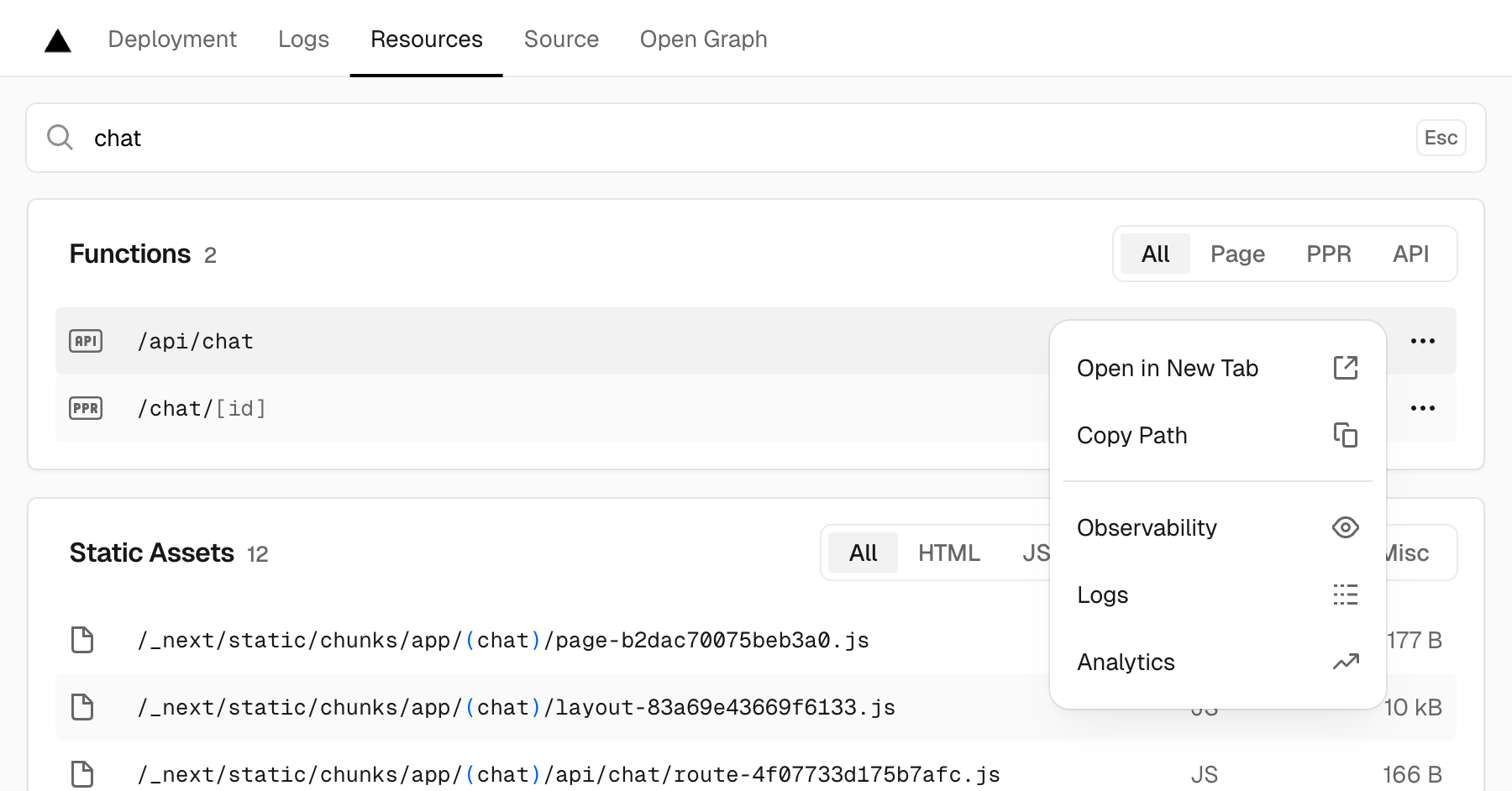Resources tab allows instant searching and filtering of functions, middleware, and static assets