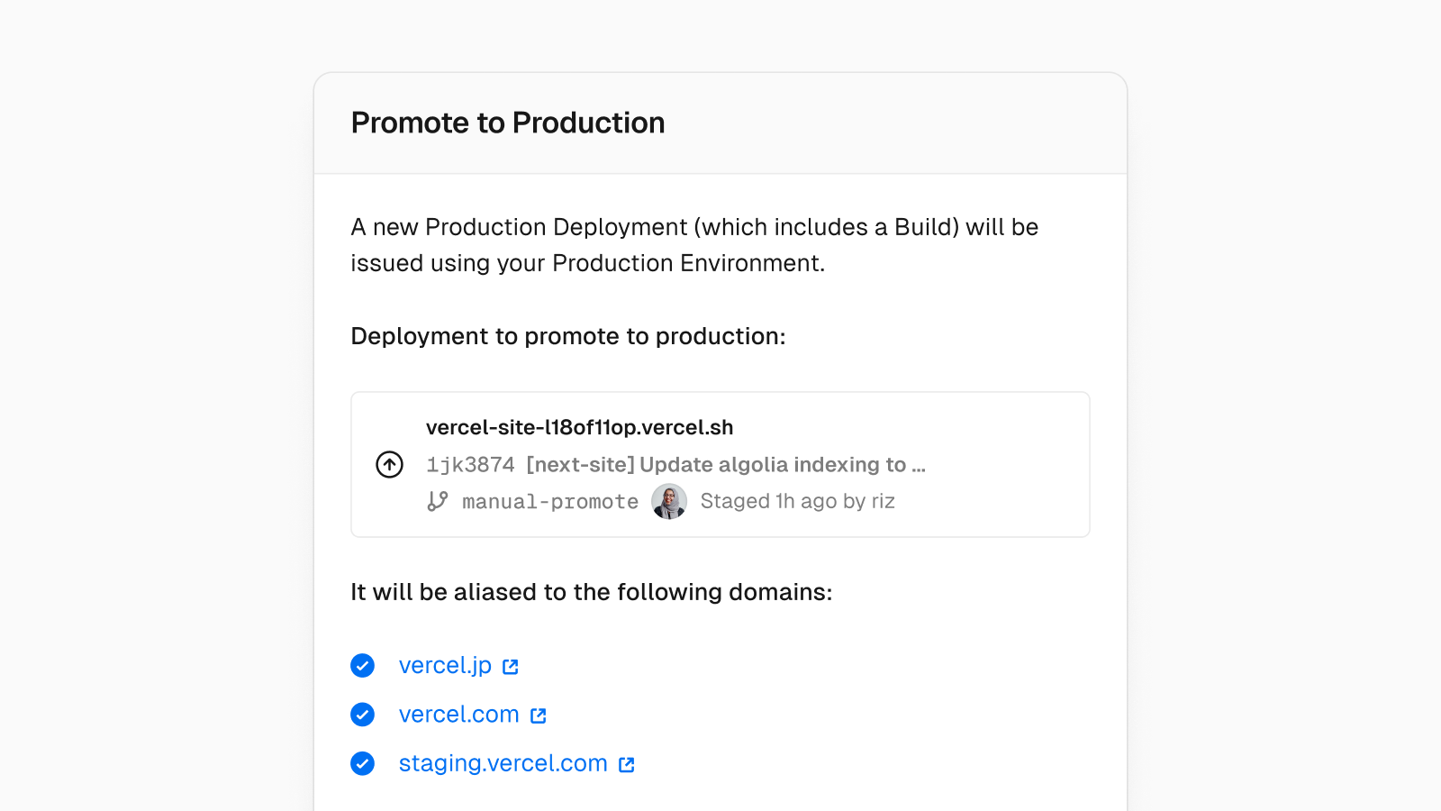 Stage and manually promote deployments to production - Vercel