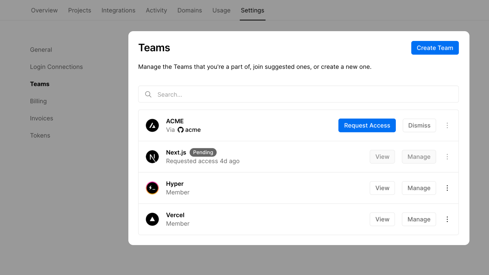 Request access to teams right from the dashboard vercel