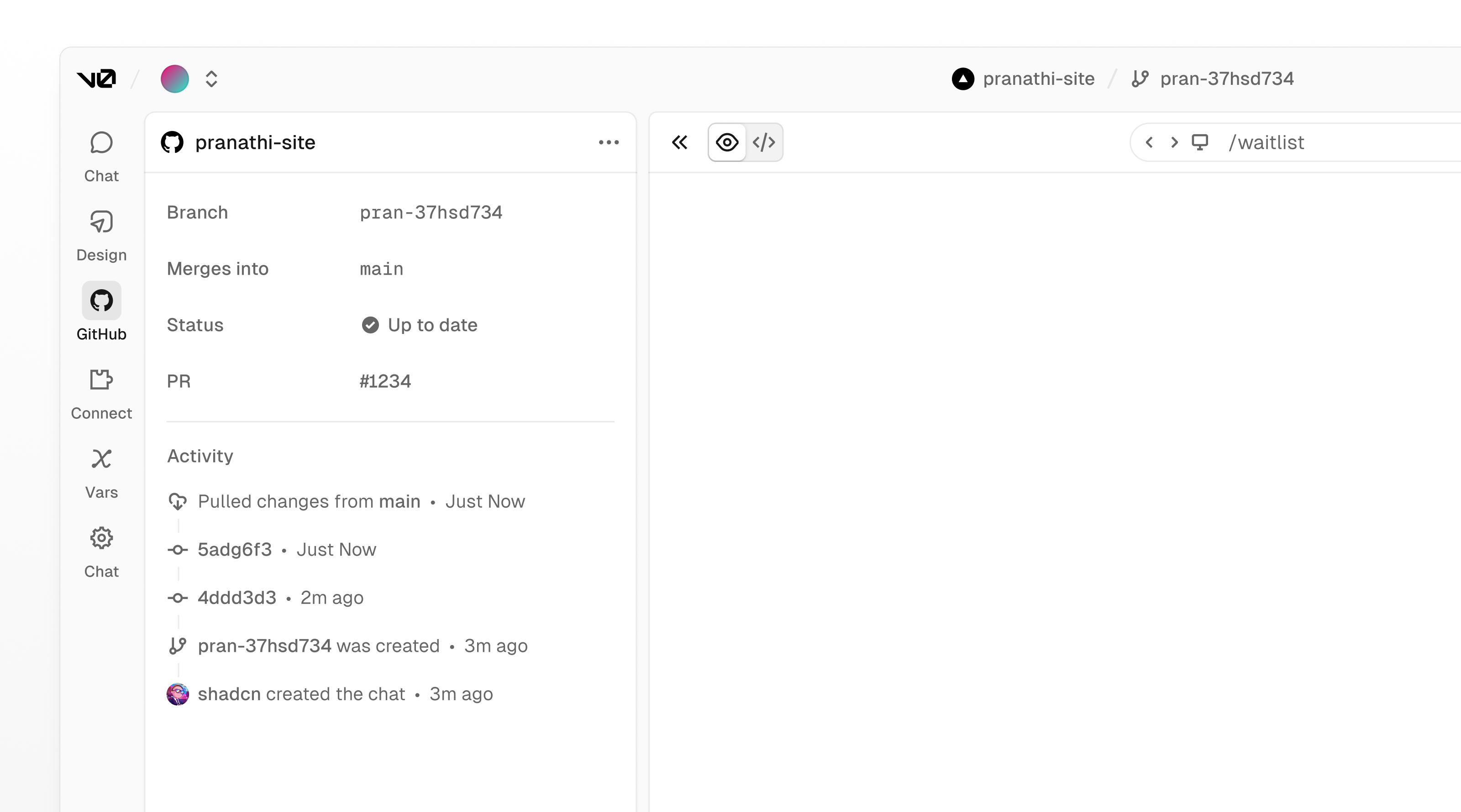 Real screenshot of v0's Git panel showing branches, commits, and pull requests, sourced from Vercel's official 'Introducing the new v0' blog post