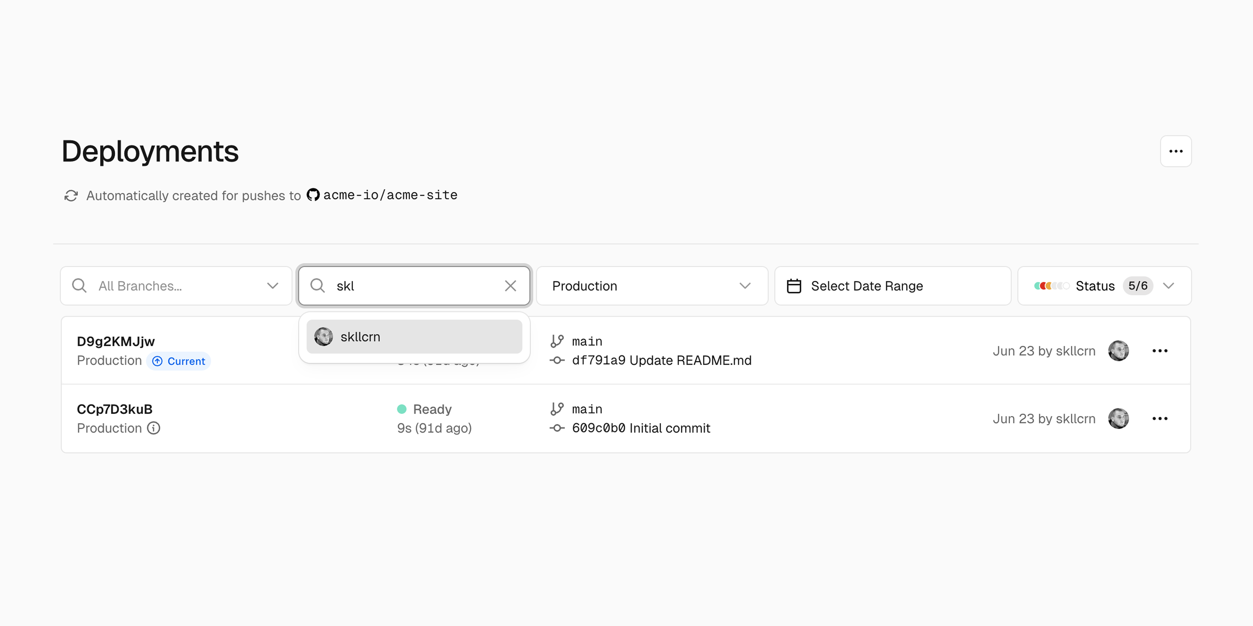 Filter deployments by author