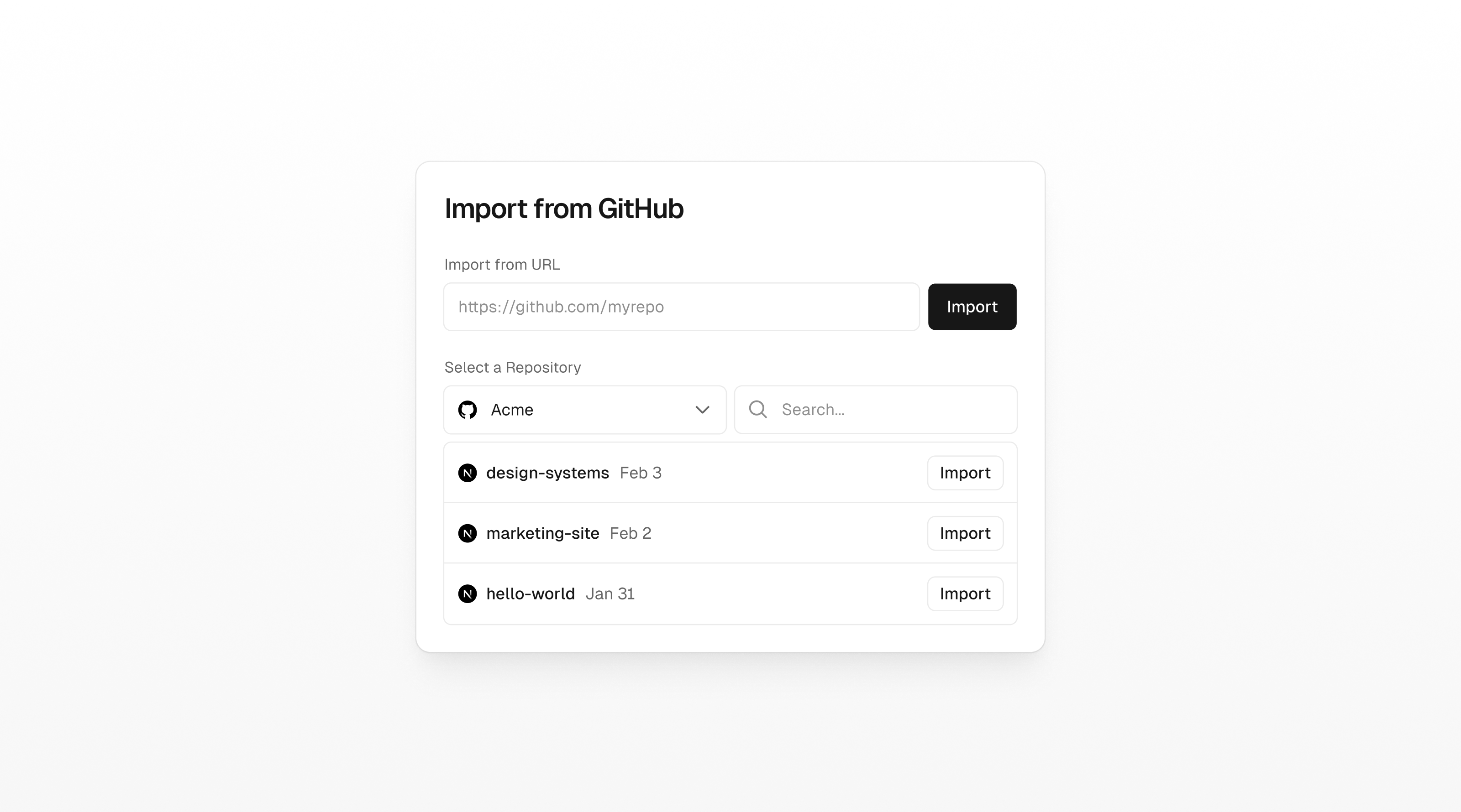 v0 GitHub import panel showing repo selection