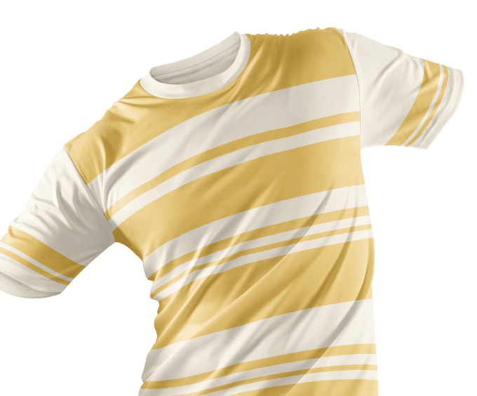 A white t-shirt with gold stripes.