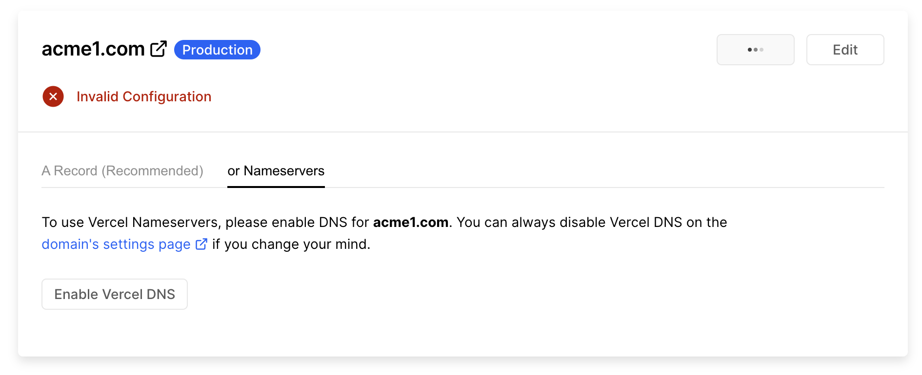 啟用 Vercel Nameservers 的說明